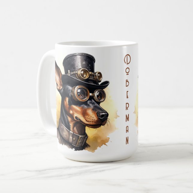 Dobermann Pinscher Steampunk Hund Kaffemugg (Framsida vänster)