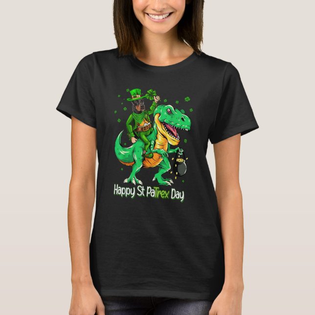 Dobermann Ridning Dinosaur Patricks Dag Shamrock T Shirt (Framsida)