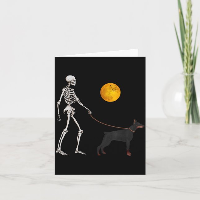 Dobermann Skelett Hund Promenad Halloween Kostym Kort (Framsida)