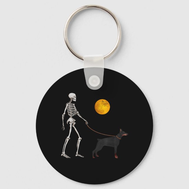 Dobermann Skelett Hund Promenad Halloween Kostym Nyckelring (Framsida)