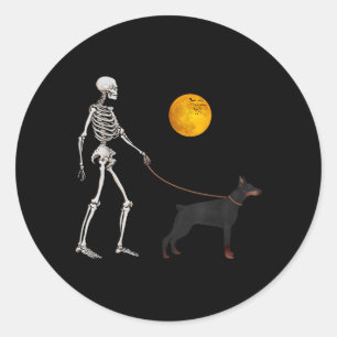 Dobermann Skelett Hund Promenad Halloween Kostym Runt Klistermärke