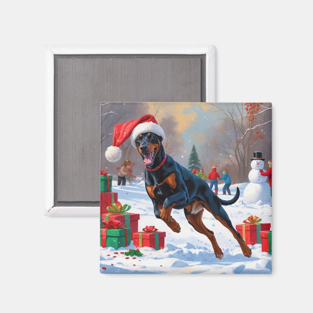 Dobermann springer i snö med julhatt magnet (Front/Back)