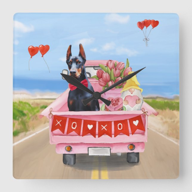 Dobermann Valentine's Day-lastbil Hjärtan Fyrkantig Klocka (Framsida)