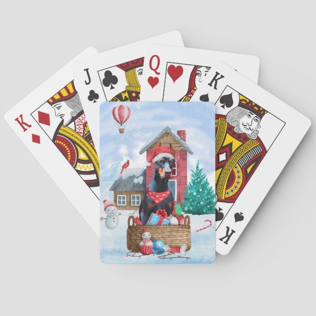 Dobermannhund i snö Jul Hund Hus Casinokort (Baksidan)