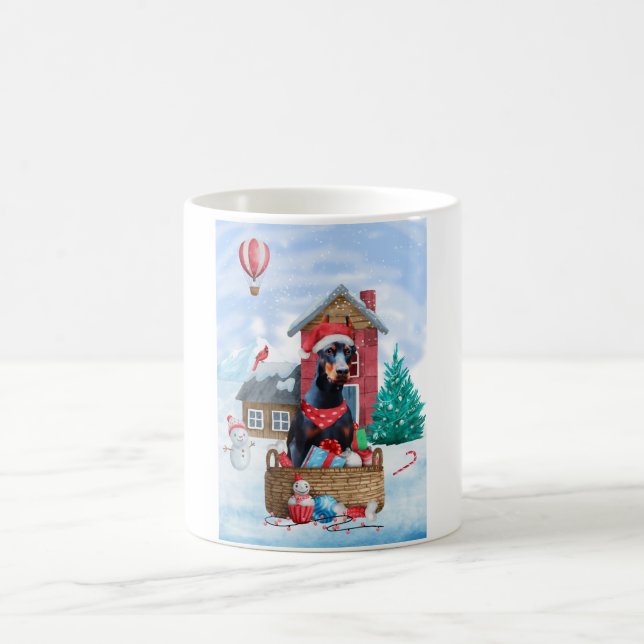 Dobermannhund i snö Jul Hund Hus Kaffemugg (Center)