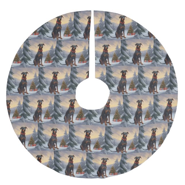 Dobermannhund i snö jul julgransmatta borstad polyester (Framsidan)