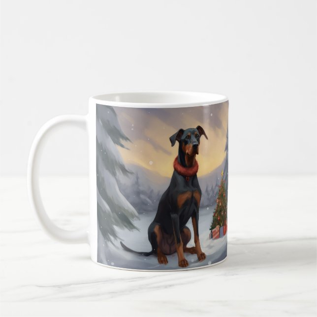 Dobermannhund i snö jul  kaffemugg (Vänster)