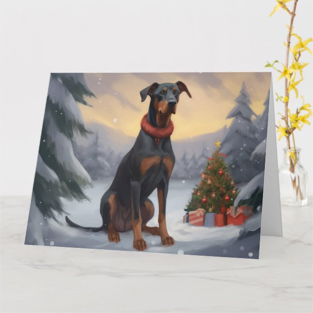 Dobermannhund i snö jul  kort (Gul blomma)