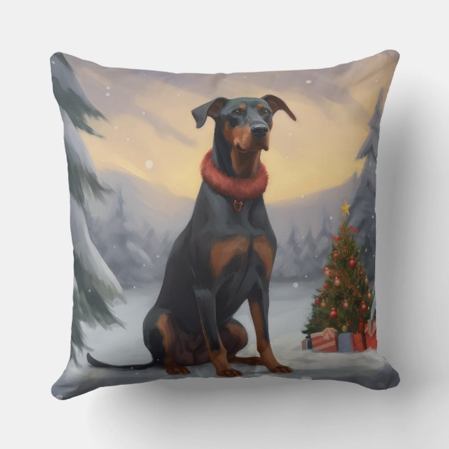 Dobermannhund i snö jul kudde (Baksida)