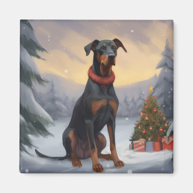 Dobermannhund i snö jul  magnet (Framsidan)