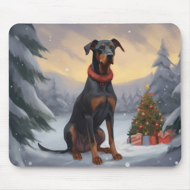 Dobermannhund i snö jul musmatta (Framsidan)