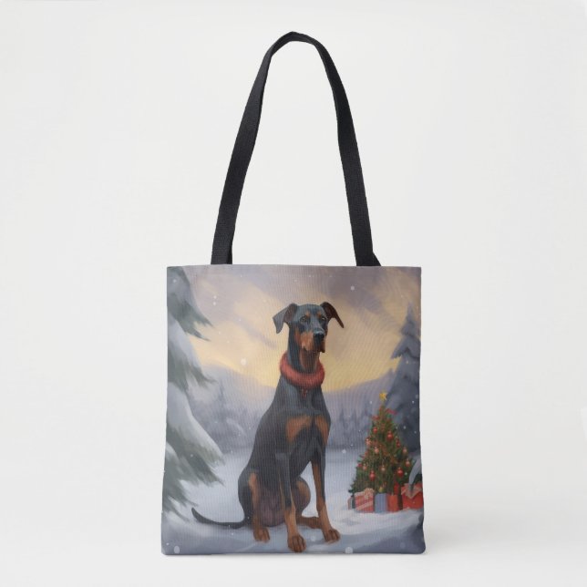 Dobermannhund i snö jul  tygkasse (Framsida)