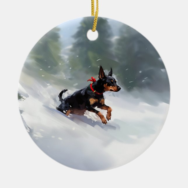 Dobermannpinscher jul snö vinter julgransprydnad keramik (Framsidan)