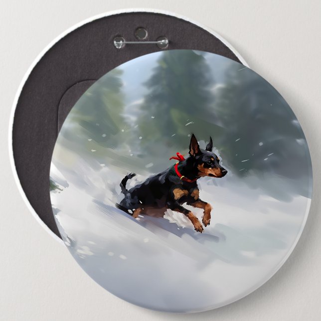 Dobermannpinscher jul snö vinter knapp (Framsida & baksida)