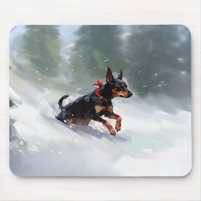 Dobermannpinscher jul snö vinter musmatta (Framsidan)