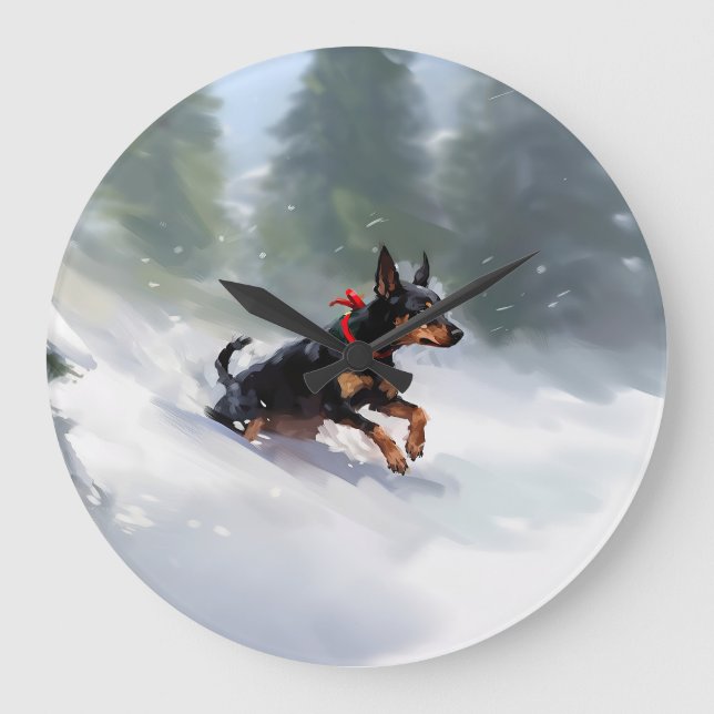 Dobermannpinscher jul snö vinter stor klocka (Framsida)