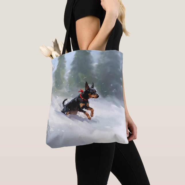 Dobermannpinscher jul snö vinter tygkasse (Närbild)