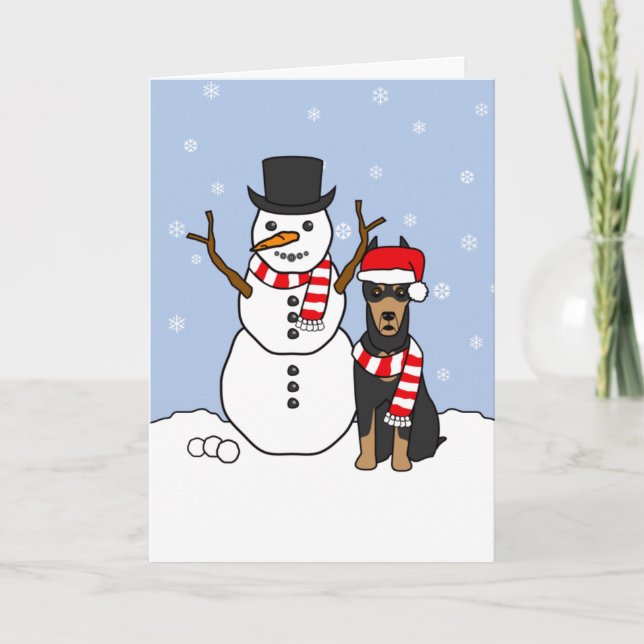DobermanPinscher och snögubbe Helgkort (Framsida)