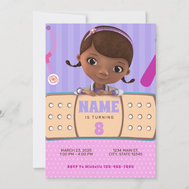 Doc McStuffins Rosa Lila Födelsedag Inbjudningar (Framsida)