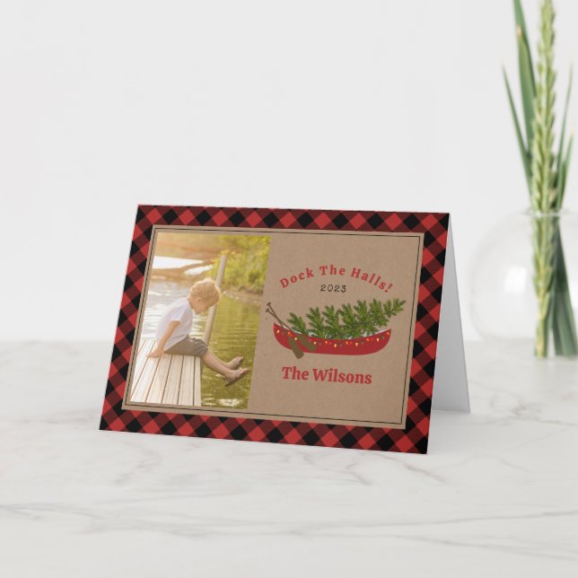 Dock The Halls Christmas Kanot Rutig Foto Helgkort (Framsida)