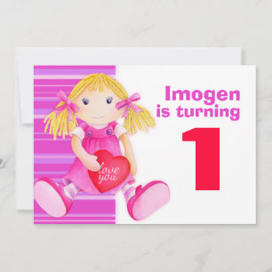 Docka för flickor första födelsedag rosa födelseda inbjudningar