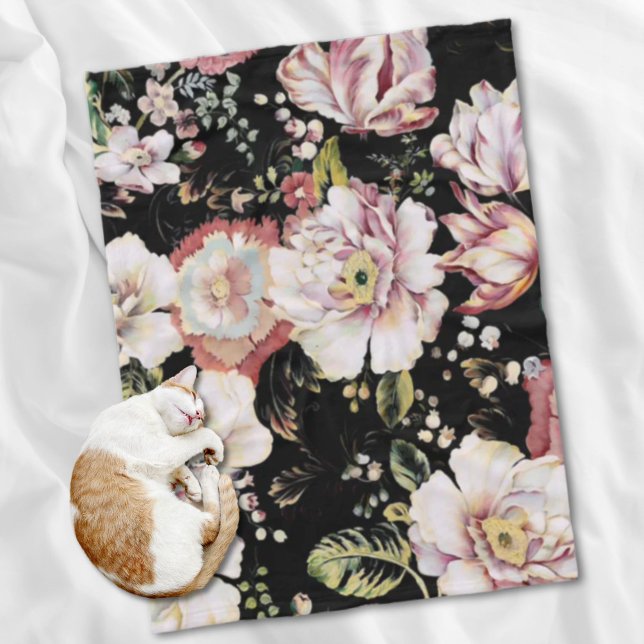 Docka land-chic, svart blommigt fleecefilt (Preppy bohemian country girly chic black floral fleece blanket)