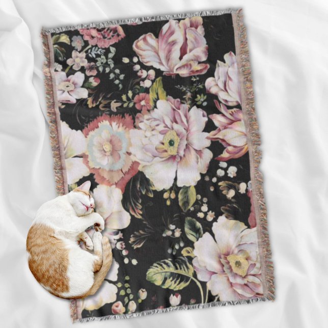Docka land-chic, svart blommigt mysfilt (Preppy bohemian country girly chic black floral throw blanket)