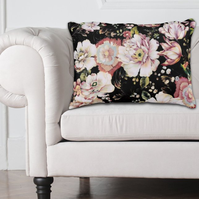 Docka land-chic, svart blommigt prydnadskudde (Preppy bohemian country girly chic black floral accent pillow)