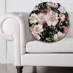 Docka land-chic, svart blommigt rund kudde