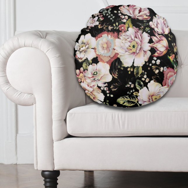 Docka land-chic, svart blommigt rund kudde (Preppy bohemian country girly chic black floral round pillow)