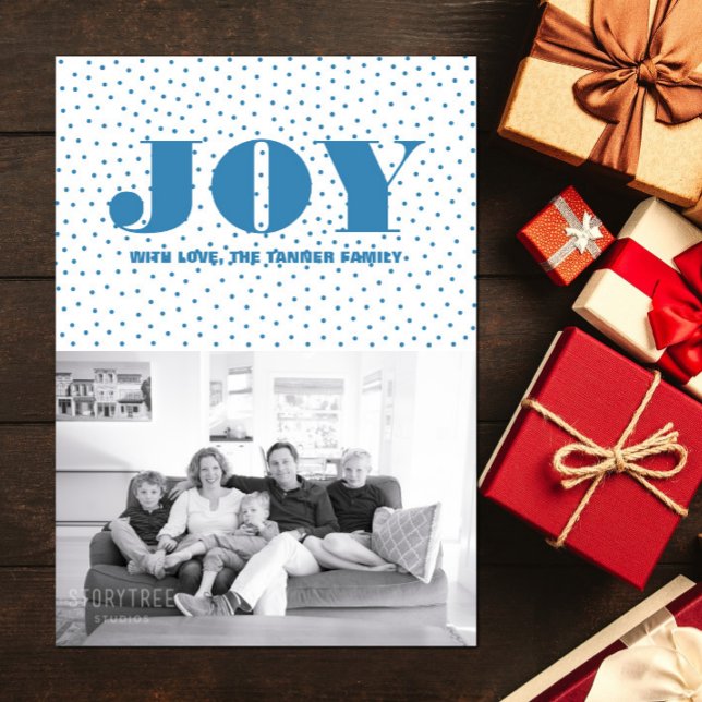 Dockat joy-Helgdag-fotokort | Blå Julkort (Dotted Joy Holiday Photo Card - Blue)