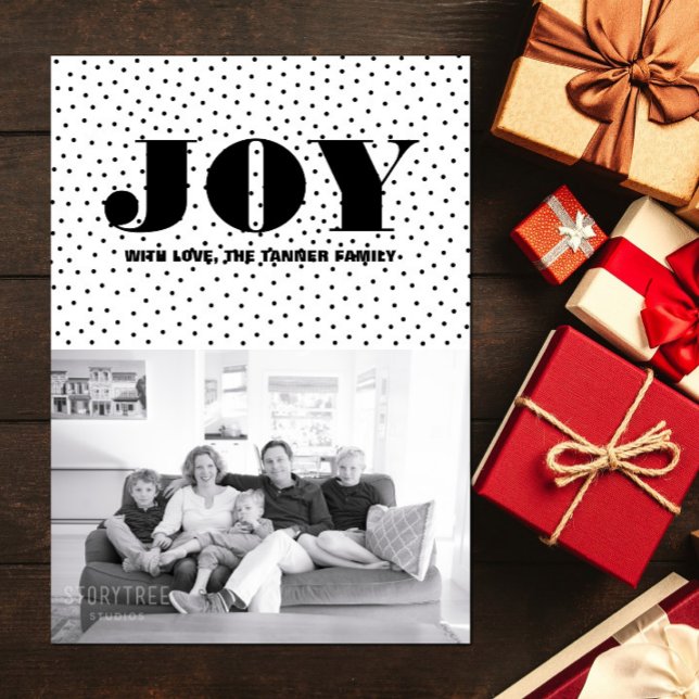 Dockat joy-Helgdag-fotokort | Svart Julkort (Dotted Joy Holiday Photo Card - Black)