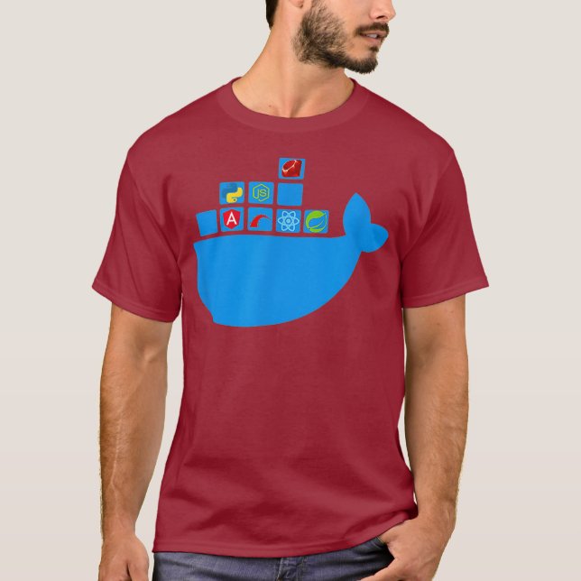 Docker React Node Js Ruby Rail Python Hackathon T Shirt (Framsida)