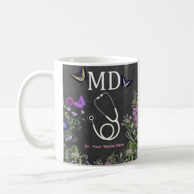 Doctor MD Stethoscope Floral Personalized Kaffemugg (Vänster)