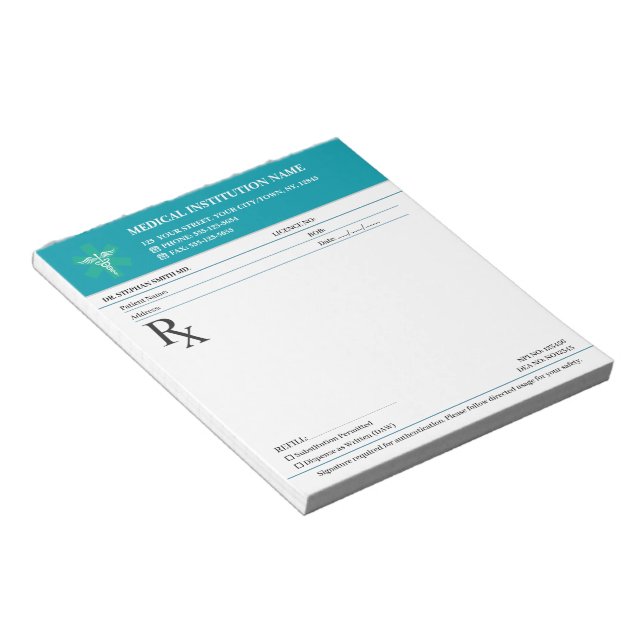 Doctor Prescription Medical RX Pad – Medical Teal Anteckningsblock (Vinklad)
