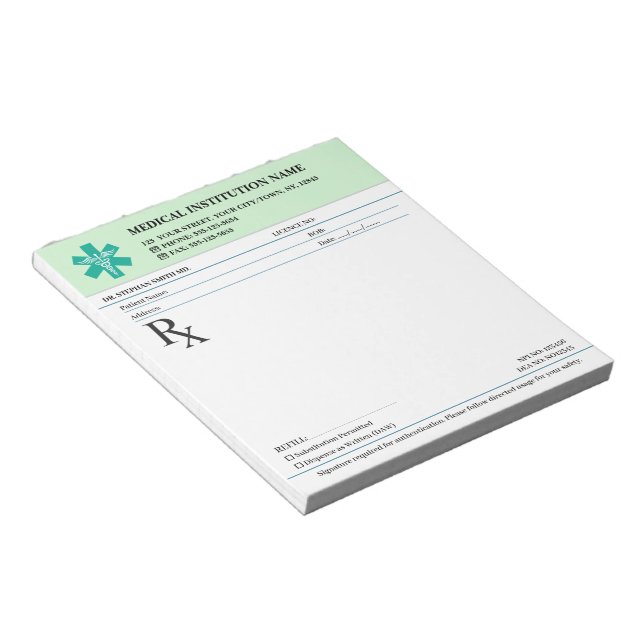 Doctor Prescription Medical RX Pad – Mint Green Anteckningsblock (Vinklad)