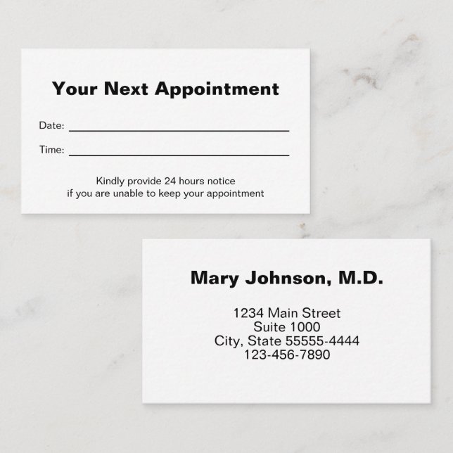 Doctor's Medical Office Your Next Appointment Card Tidsbeställning Kort (Fram/baksida)