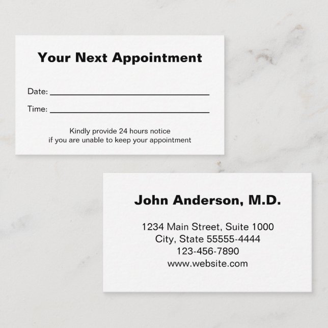 Doctor's Medical Office Your Next Appointment Card Tidsbeställning Kort (Fram/baksida)