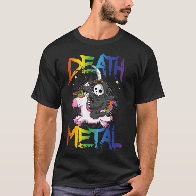 Död Metall Grim Reaper Rides Unicorn Halloween Re T Shirt (Framsida)