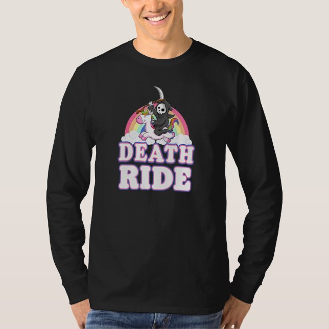 Död Ritt Regnbåge Grim Reaper Ridande Enhörning Ha T Shirt (Framsida)