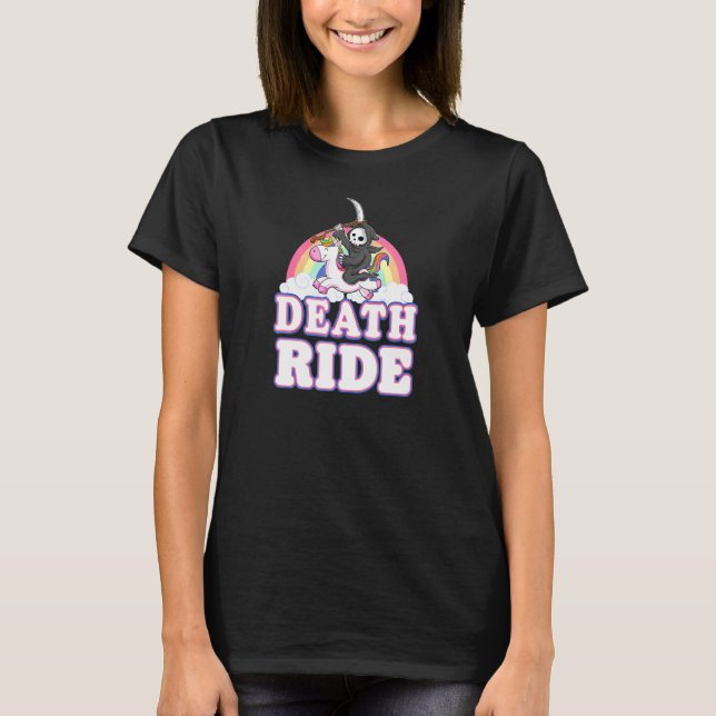 Död Ritt Regnbåge Grim Reaper Ridande Enhörning Ha T Shirt (Framsida)