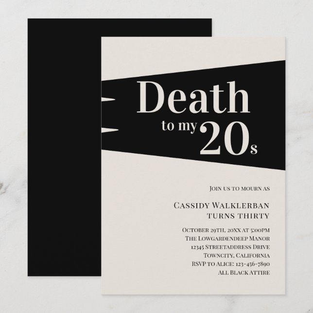 Död till 20 år 30års födelsedag inbjudningar (Fram/baksida)