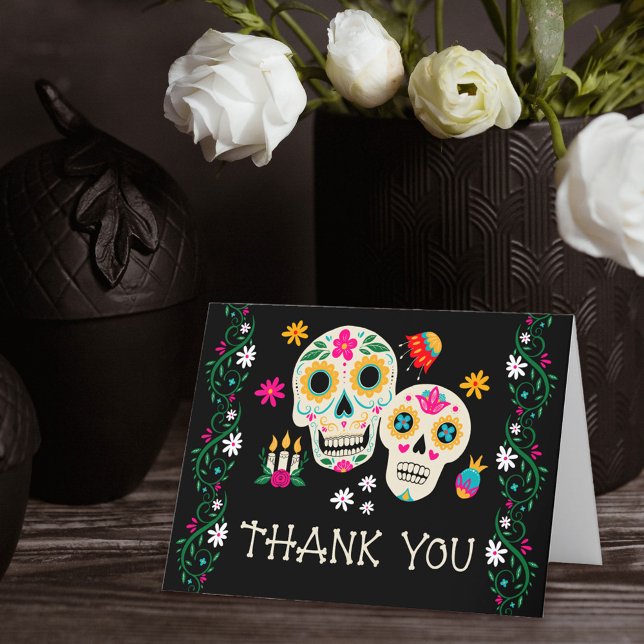 Döda dagen Blommiga Sockerskanior Tack Kort (Day of the Dead thank you card with sugar skulls from my Dia de los Muertos collection)