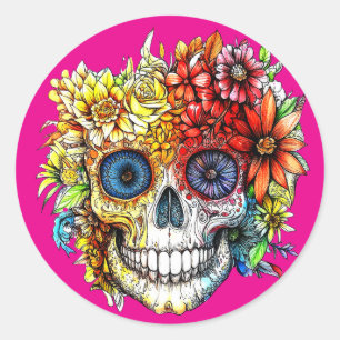 Döda dagen Catrina Calavera med blommor Runt Klistermärke