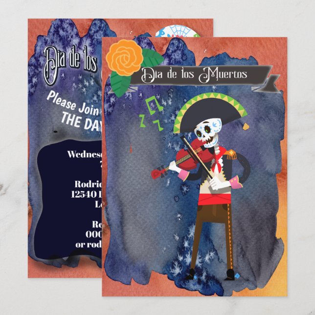 Döda dagen Dia de Los Muertos Fest Förfirar Inbjudningar (Fram/baksida)