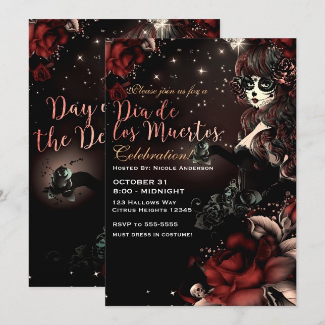 Döda dagen Dia de los Muertos Röd Svart Inbjudningar (Fram/baksida)