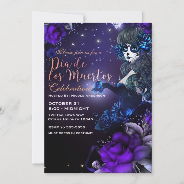 Döda dagen lila blå Dia de los Muertos Inbjudningar (Framsida)