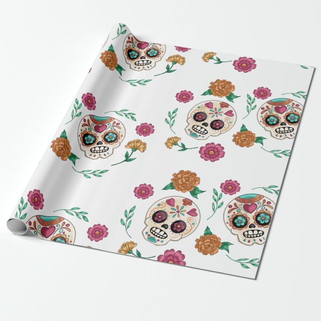 Döda dagen-sockerkallar och blommor presentpapper (Utrullad)