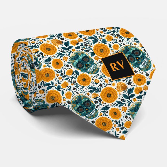 Döda dagen turkosa kranier med gula marigolds slips (Rullad)