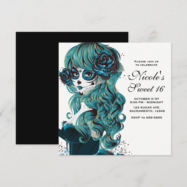 Döda dagen vacker sockerskalle Sweet 16 Inbjudningar (Fram/baksida)